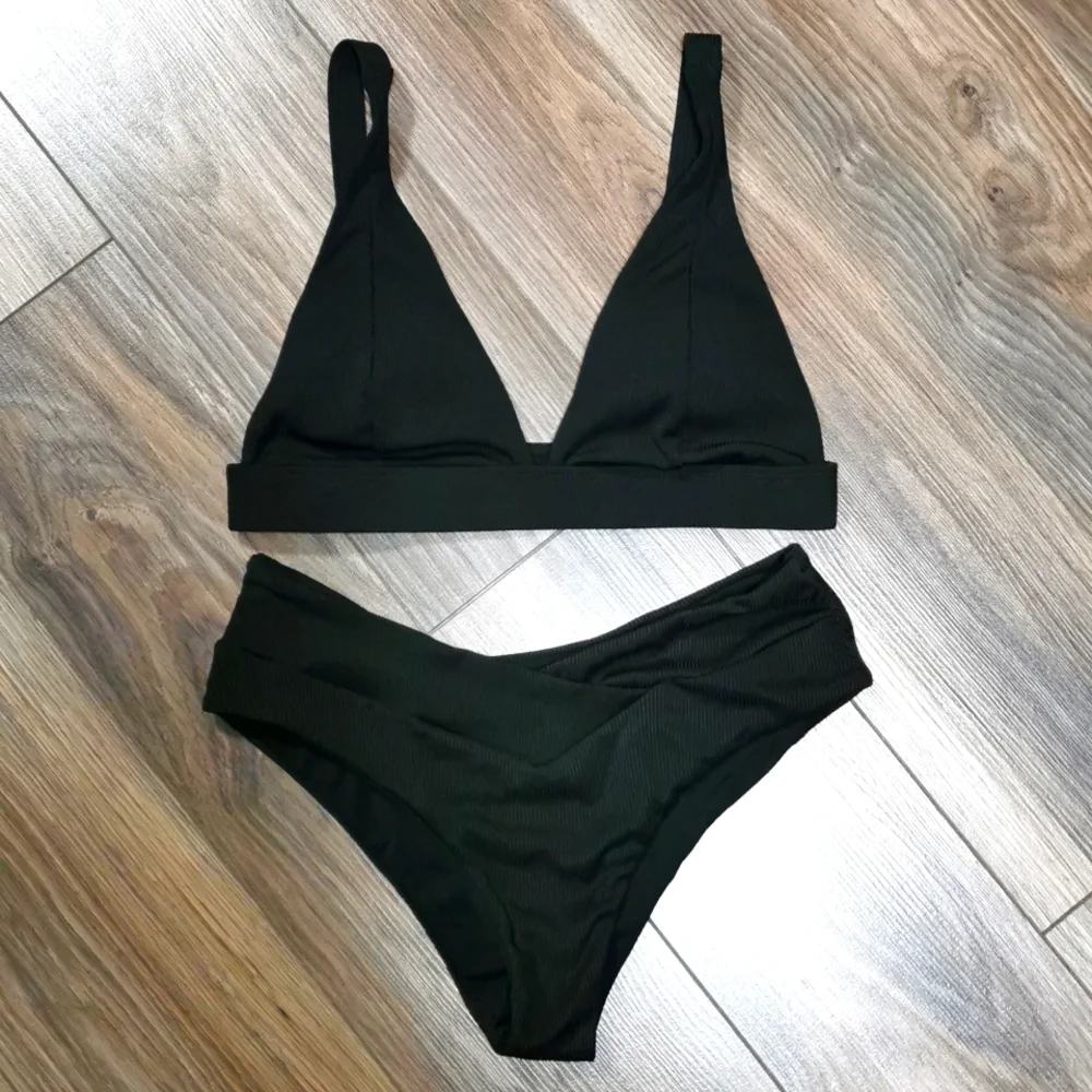 Black Ribbed Bikini Set, Small - Picture 1 of 3